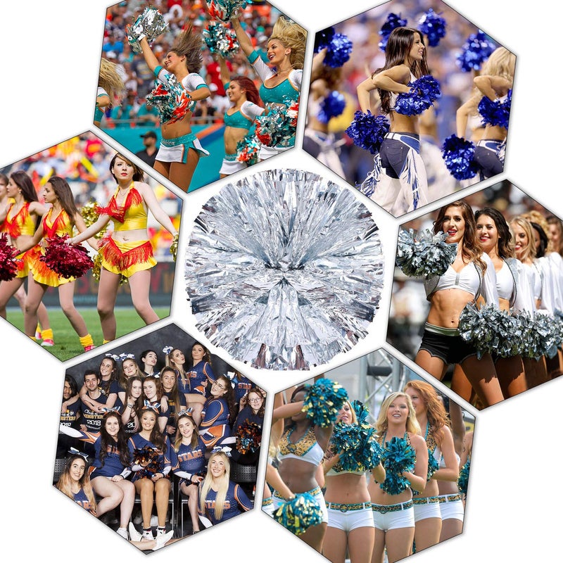 Ueerdand Pack of 4 Cheerleading Pom Poms Foil Plastic Metallic Cheerleader Pom Poms for Cheer Sport Kids Adults Team Spirit Cheering (Silver-1) - Image 4